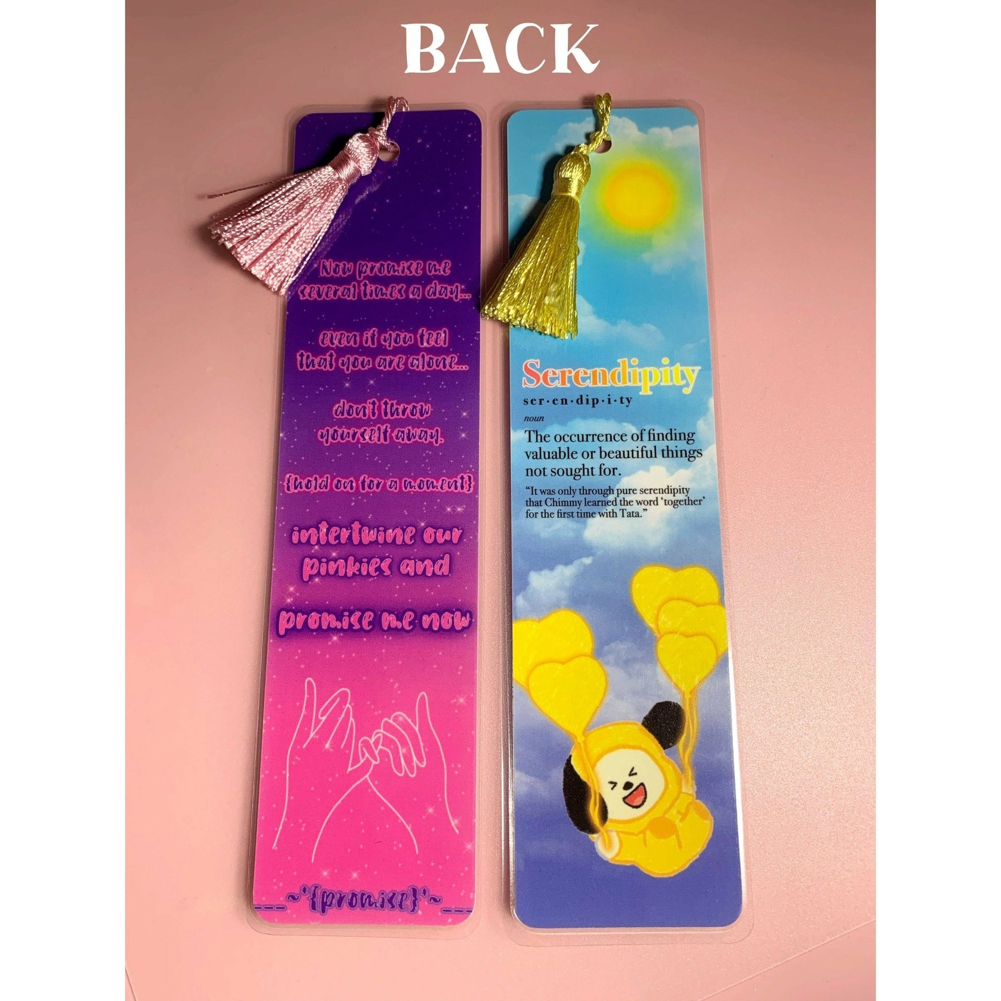 JIMIN Bookmark - MilkBunn Co. Jimin from BTS inspired bookmarks. Serendipity version and promise version. Back view.