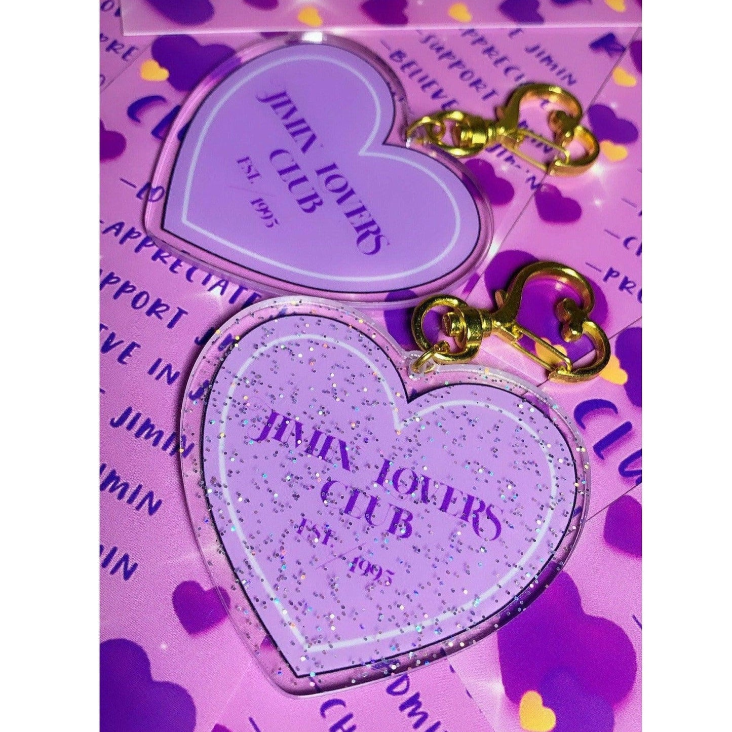 JIMIN Lovers Club Keychain - MilkBunn Co. Jimin from BTS inspired keychain. Purple glitter and clear acrylic heart keychain