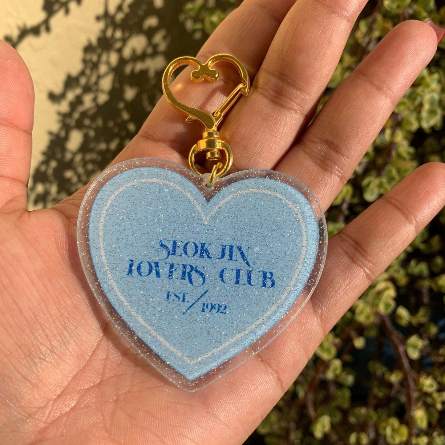 JIN Lovers Club Keychain - MilkBunn Co. Jin from BTS inspired keychain. Blue glitter acrylic heart shaped keychain.